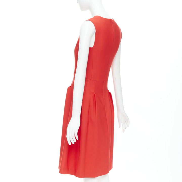 BOTTEGA VENETA red 100% vrigin wool 3D pleated crew neck fit flare dress