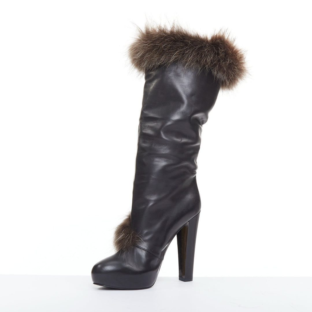 HERME 2010 Runway  black leather brown fur lined buckled block heeled boots EU39