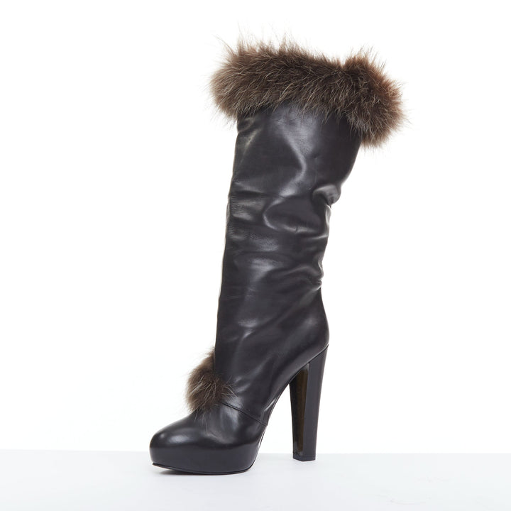 HERME 2010 Runway  black leather brown fur lined buckled block heeled boots EU39