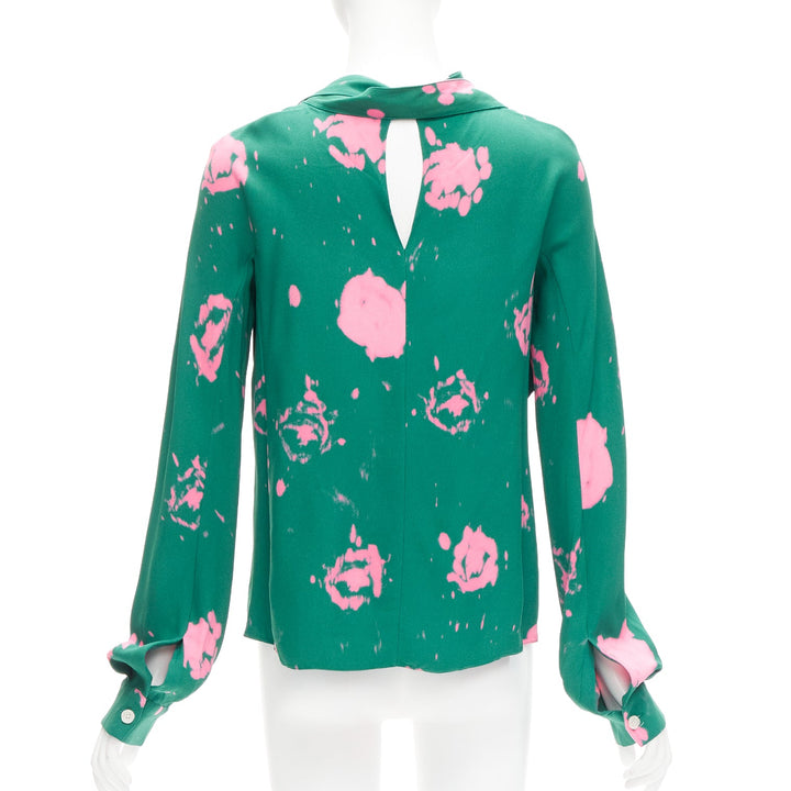 MARNI green pink splatter tie dye print tie neck long sleeve blouse IT38 XS