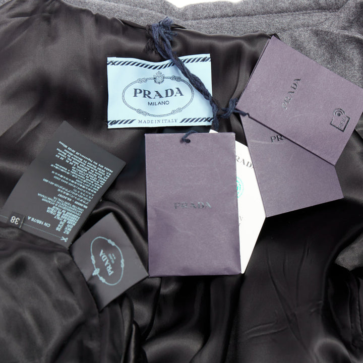 PRADA 2022 grey cashmere wool leather logo belt padded coat IT40 S