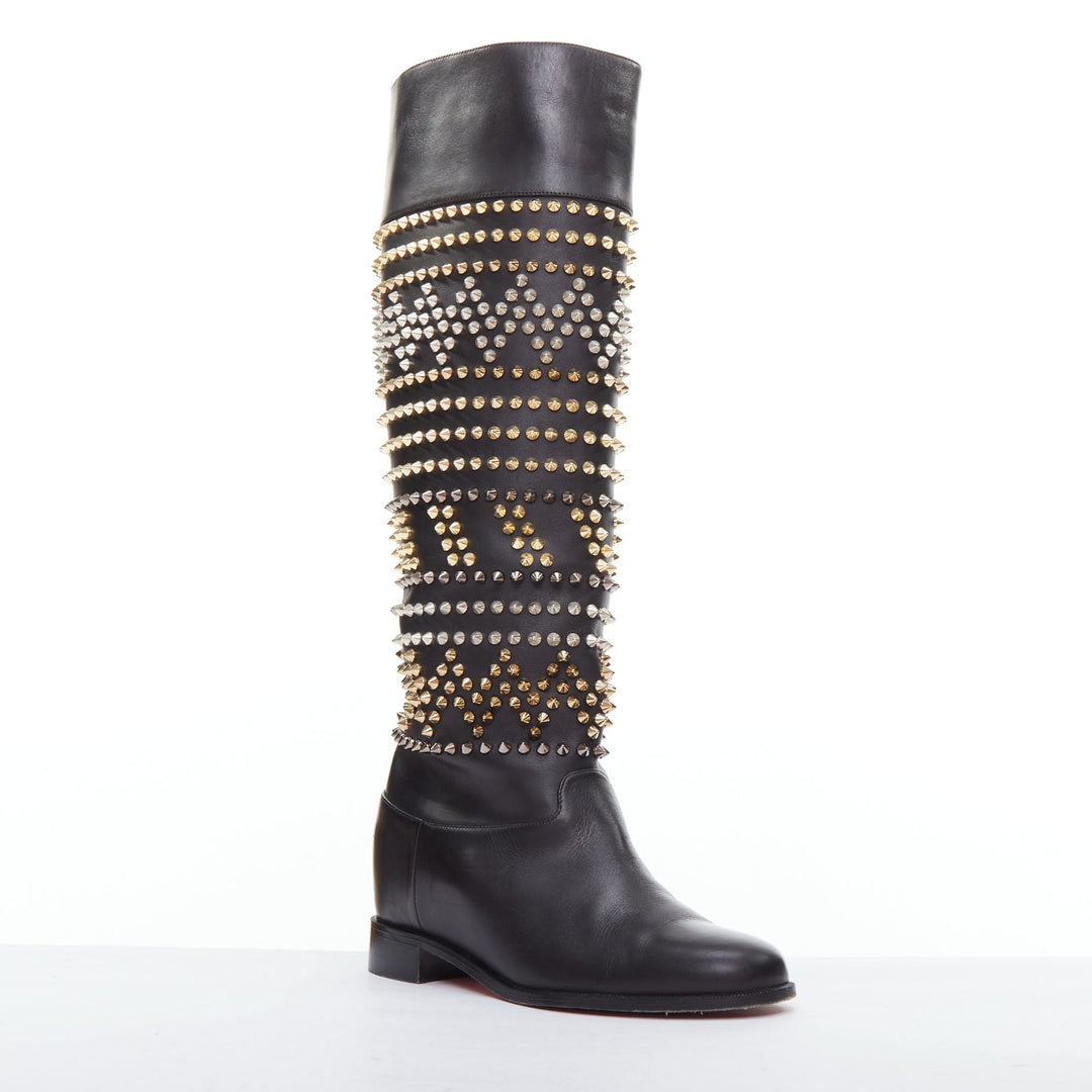 CHRISTIAN LOUBOUTIN Rom Chic black leather two tone studded long boots EU37