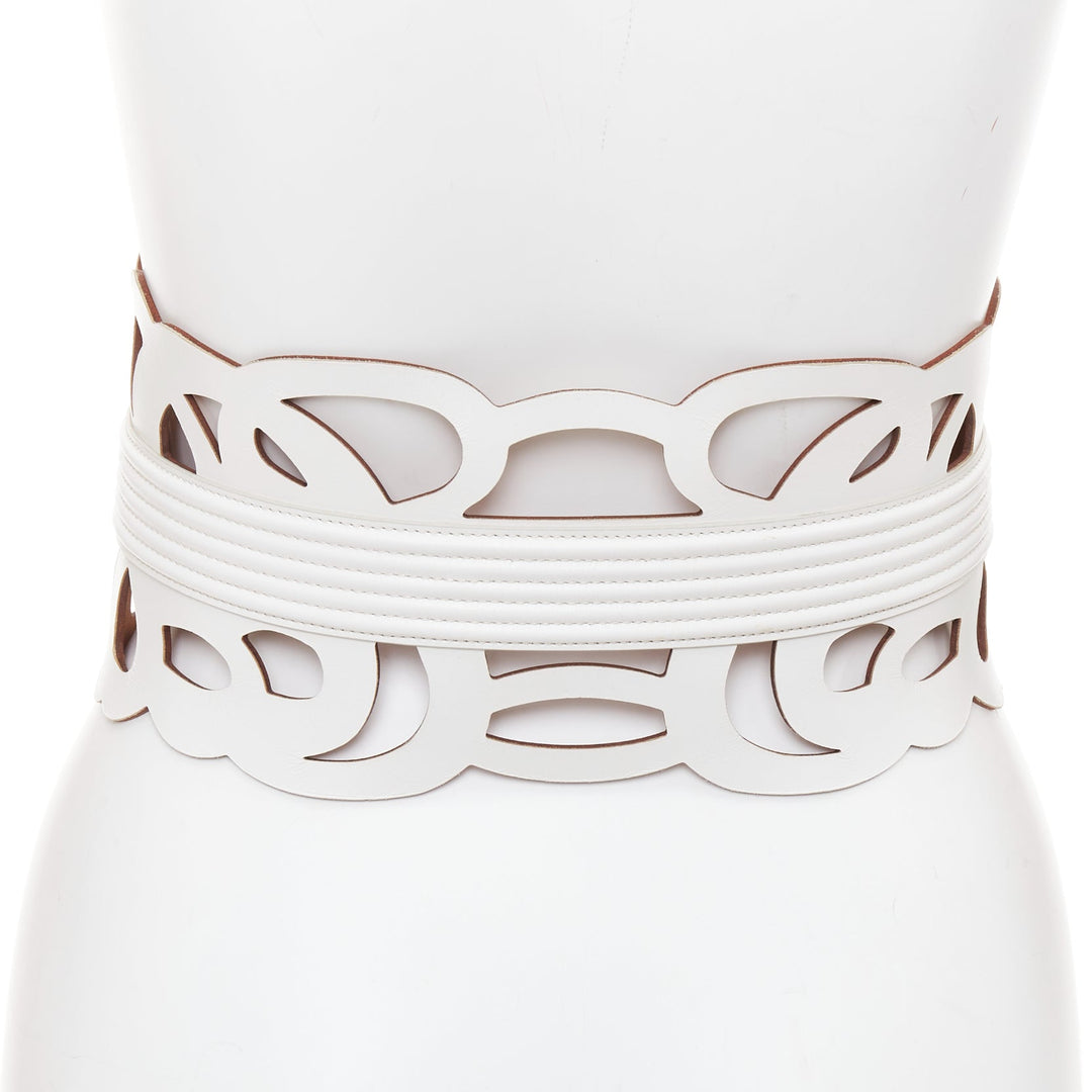 ALAIA  white leather romantic swirl laser cut out corset wide belt 65cm