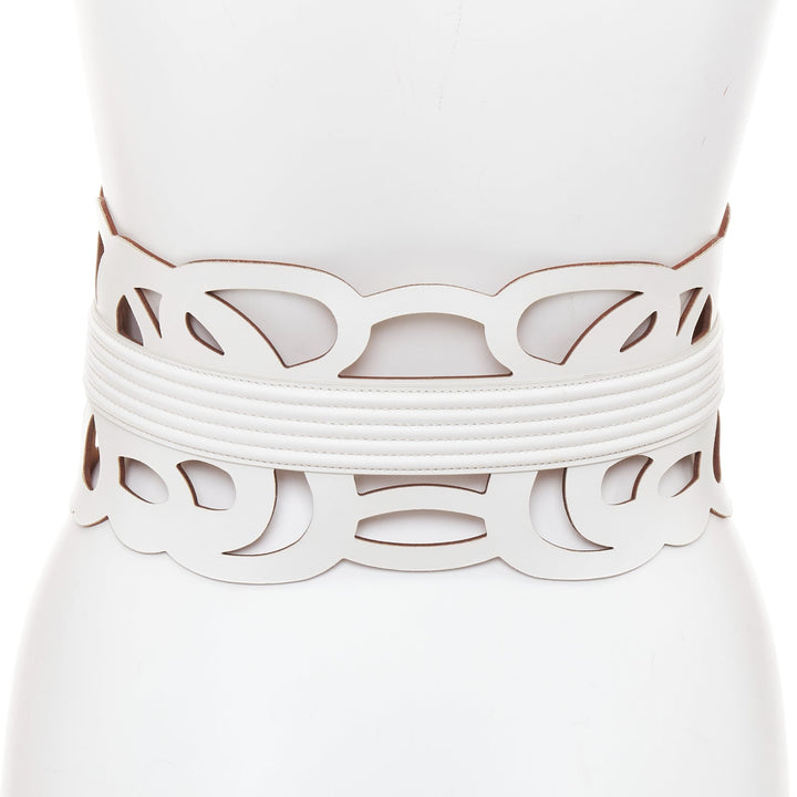ALAIA  white leather romantic swirl laser cut out corset wide belt 65cm