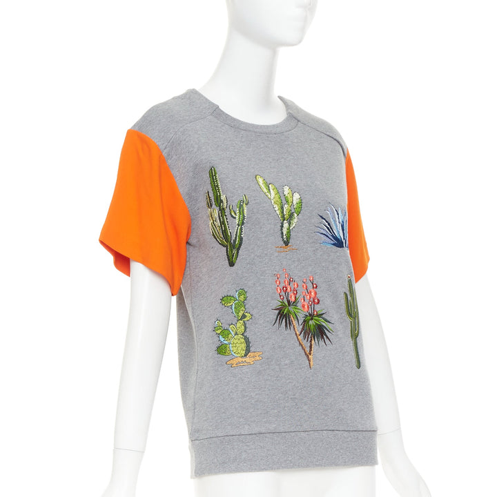 STELLA MCCARTNEY 2016 grey orange cotton embroidered Cactus sweater IT38 XS