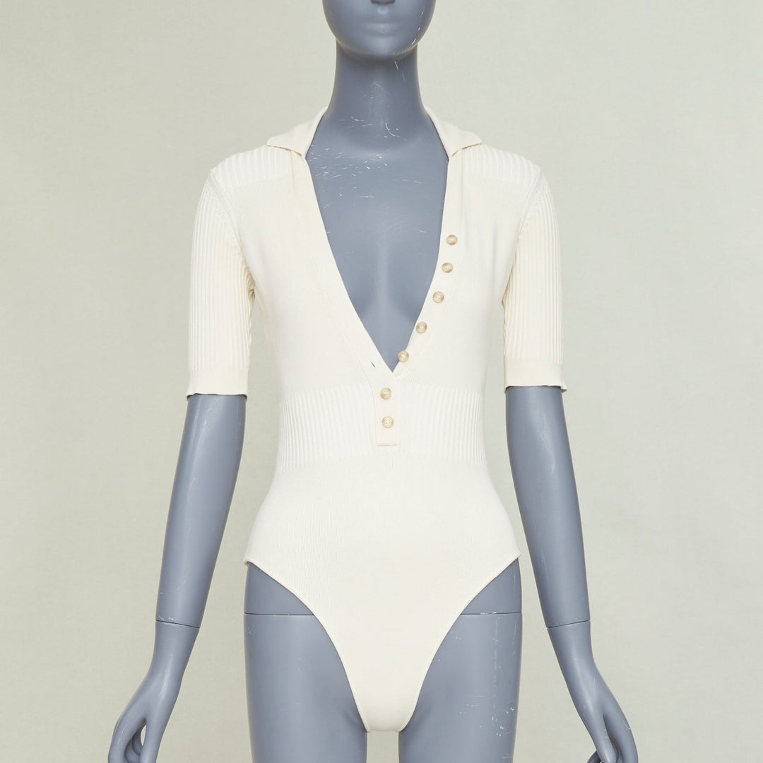 JACQUEMUS Le Body Yauco ivory viscose blend ribbed knit polo bodysuit top FR36 S
