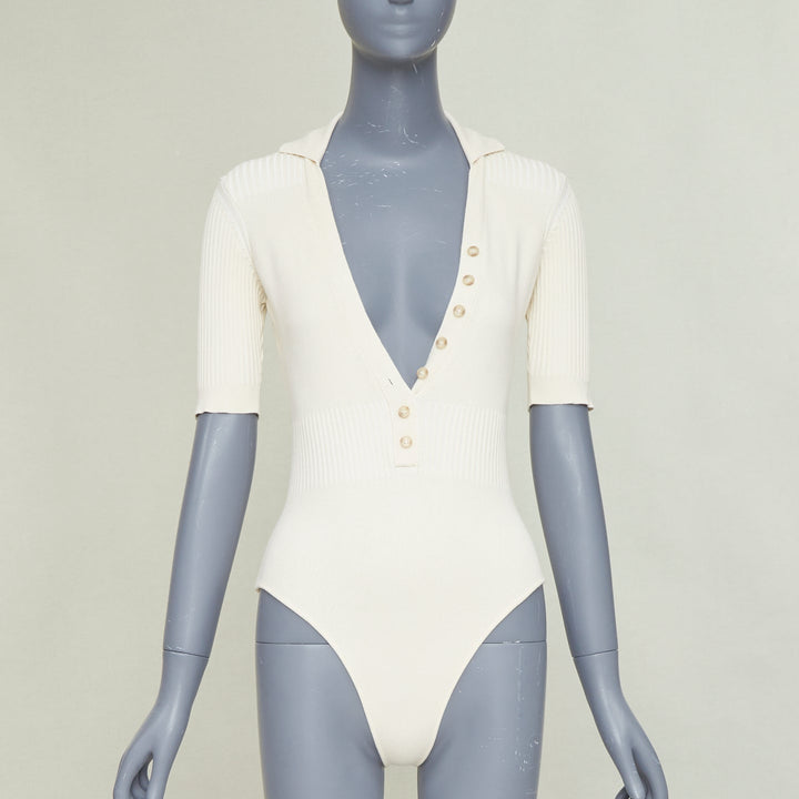 JACQUEMUS Le Body Yauco ivory viscose blend ribbed knit polo bodysuit top FR36 S