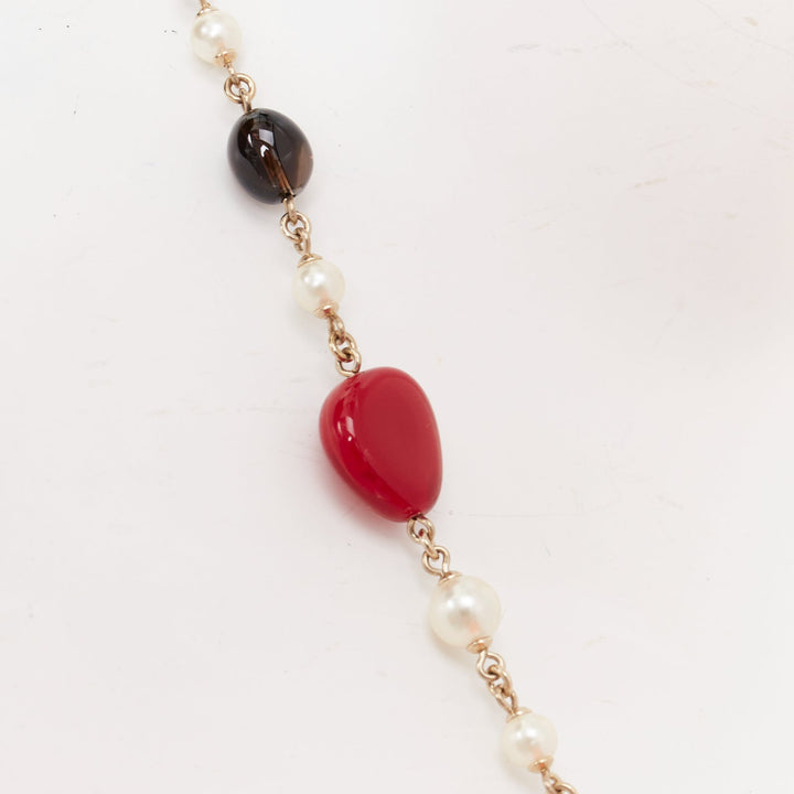CHANEL A14C red black resin faux pearl CC logo station chain sautoir necklace