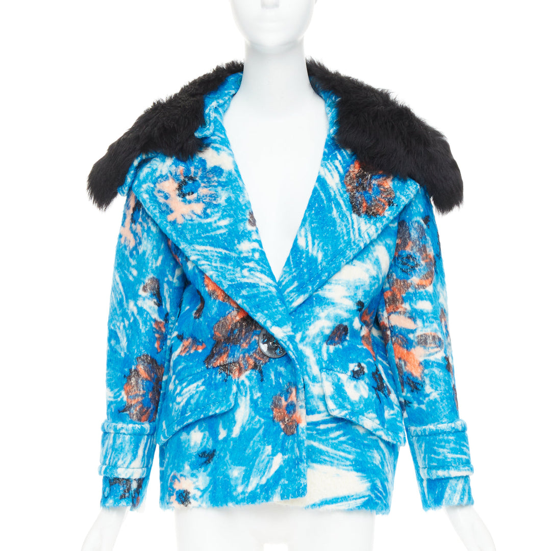 PRADA 2017 Runway blue alpaca wool abstract floral fur collar pea coat IT36 XS