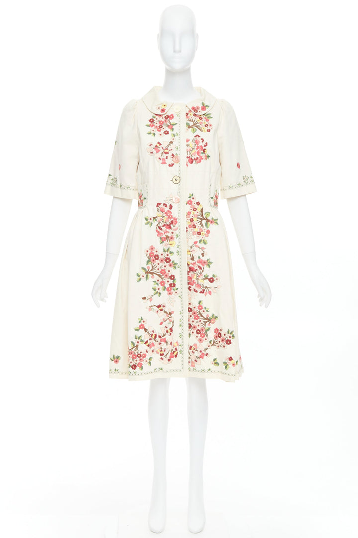 KENZO cream pink floral embroidery cotton peter pan coat dress FR38 M