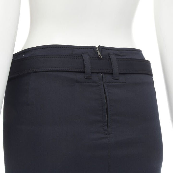 PRADA 2006 navy cotton silver logo belt knee length pencil skirt IT36 XS