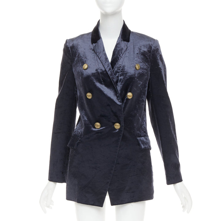 BRUNELLO CUCINELLI navy velvet brass logo buttons double breasted blazer IT40 S