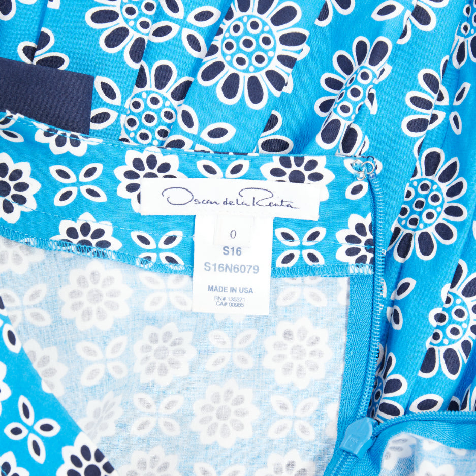 OSCAR DE LA RENTA S16 blue geometric floral print cotton A-line dress US0 XS