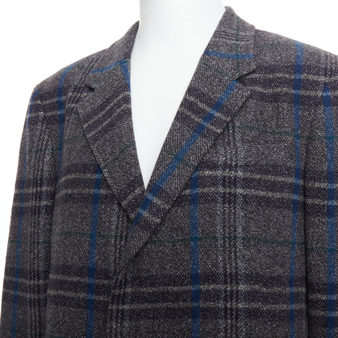 YOHJI YAMAMOTO grey blue 100% wool checked boxy jacket coat JP3 L