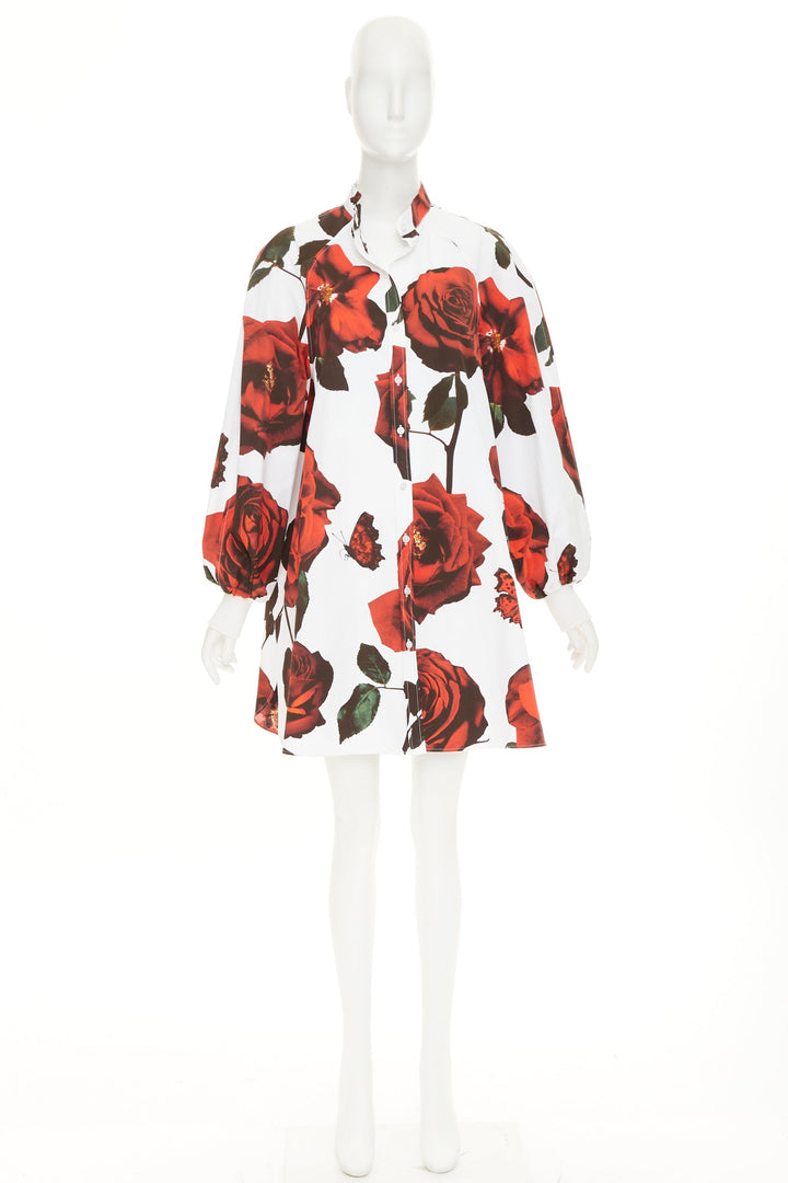 ALEXANDER MCQUEEN 2023 Tudor Rose Butterfly white balloon sleeve dress IT38 XS