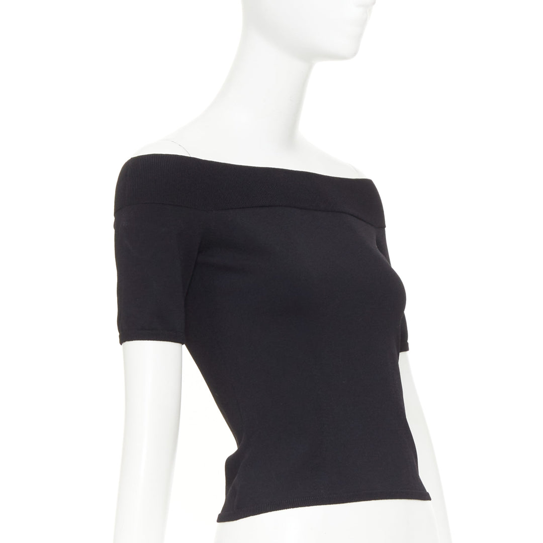 ALEXANDER MCQUEEN black off shoulder ribbed knit half sleeves cropped sweater