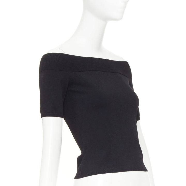 ALEXANDER MCQUEEN black off shoulder ribbed knit half sleeves cropped sweater