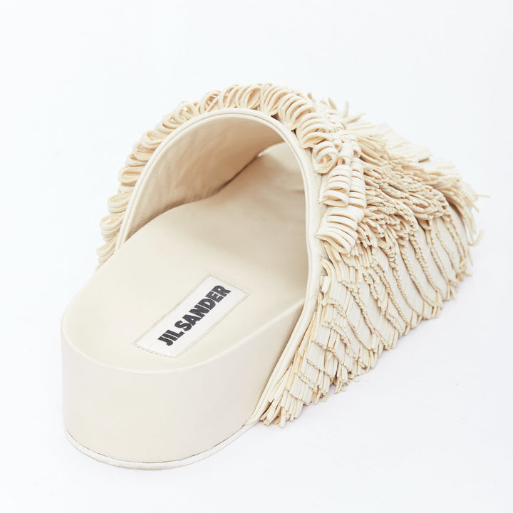 JIL SANDER beige leather fringe platform slides sandals EU38