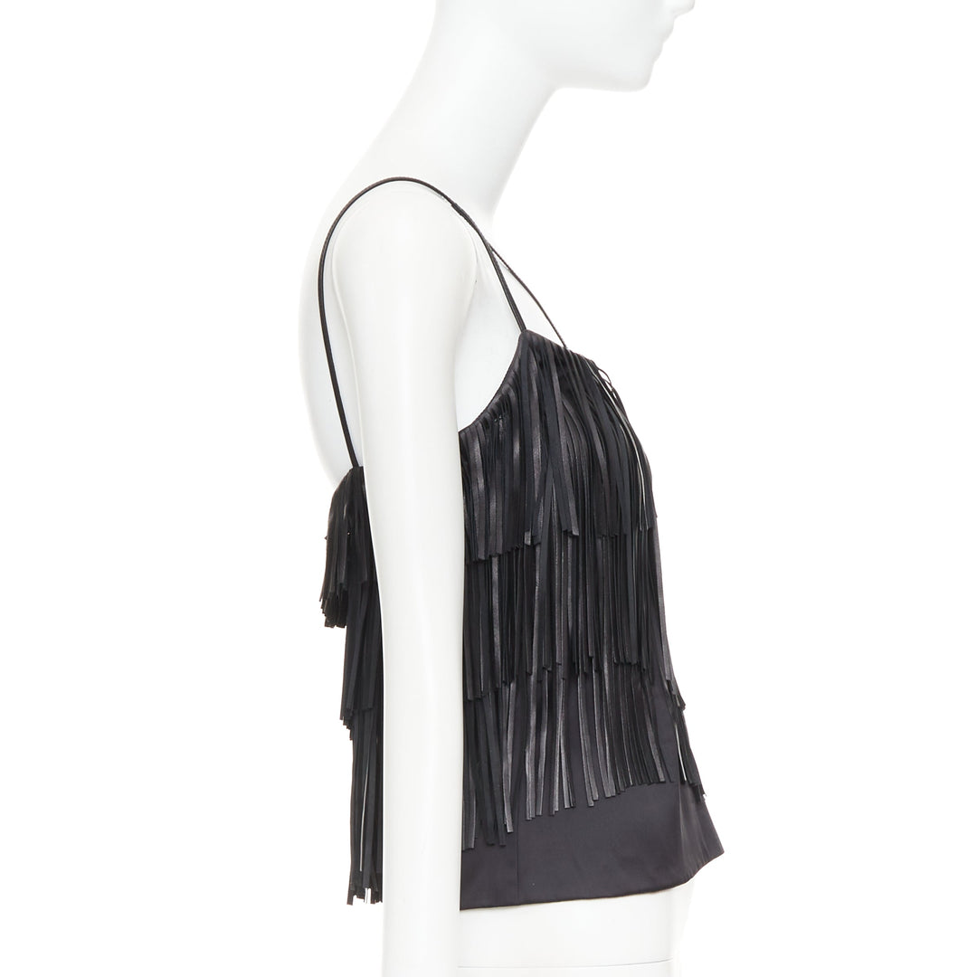 JITROIS black fringed lambskin leather silk blend lined flapper top FR38 M