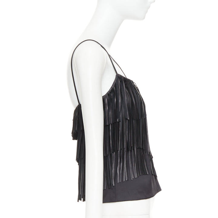 JITROIS black fringed lambskin leather silk blend lined flapper top FR38 M