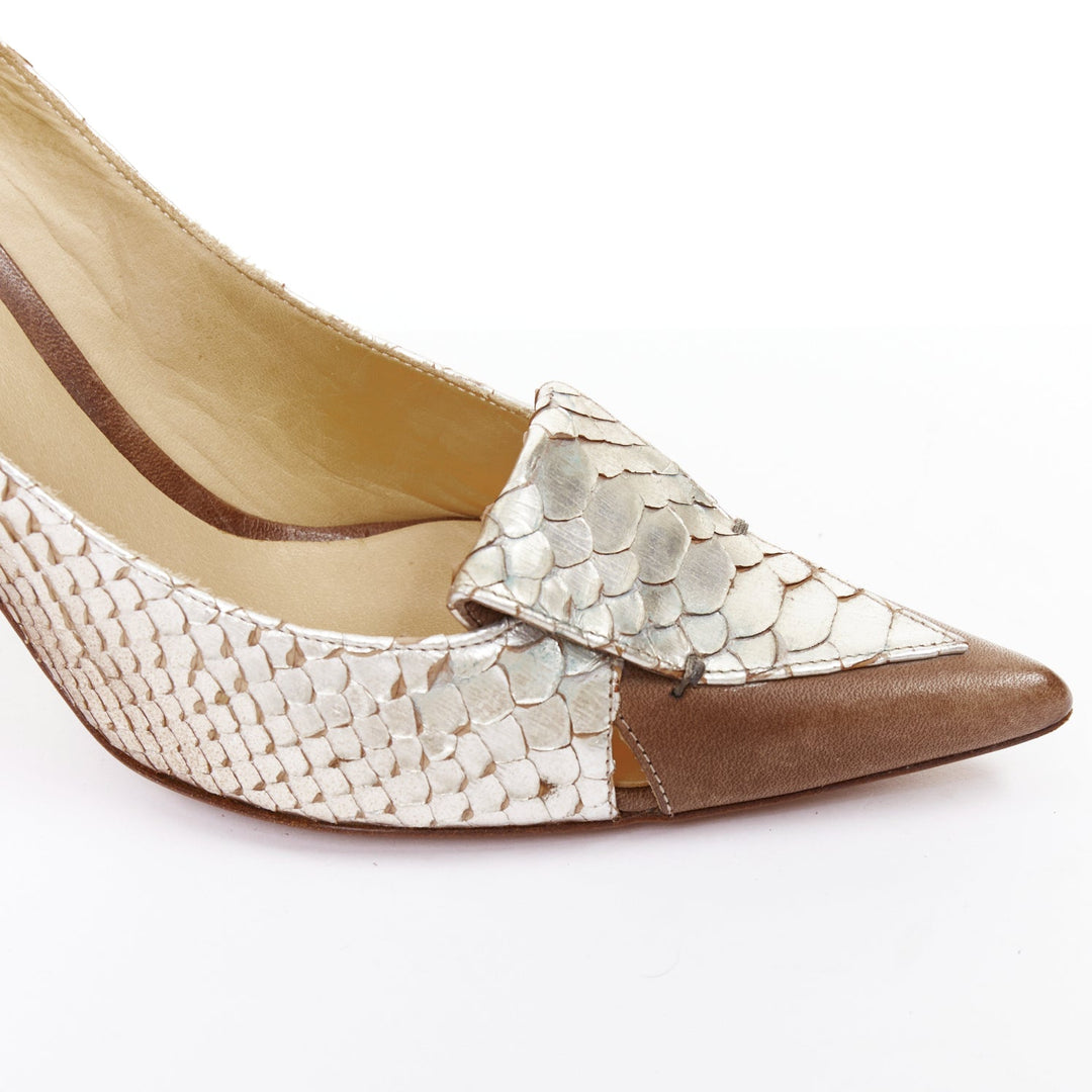 CHLOE Vintage silver metallic scaled leather brown trim pointy pumps EU37.5