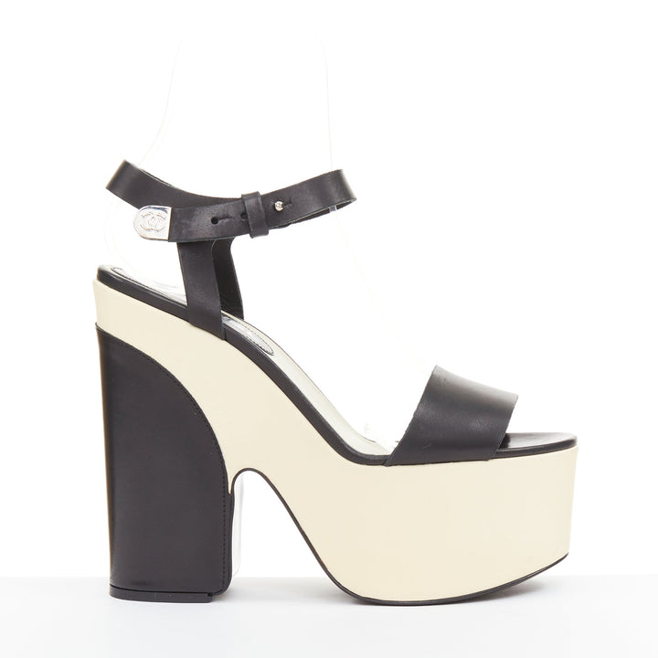 CHANEL 2012 black cream bicolor calfskin silver CC wedge platform heels EU37.5