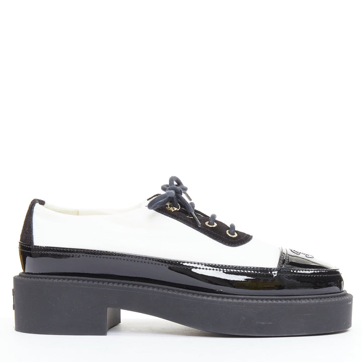 CHANEL 21B black white nylon patent leather trim CC brogue creepers EU38