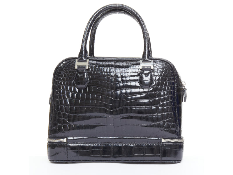 KWANPEN black high shine glossy scaled leather silver hardware zip top handbag