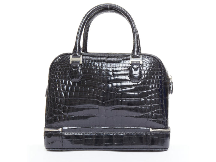 KWANPEN black high shine glossy scaled leather silver hardware zip top handbag