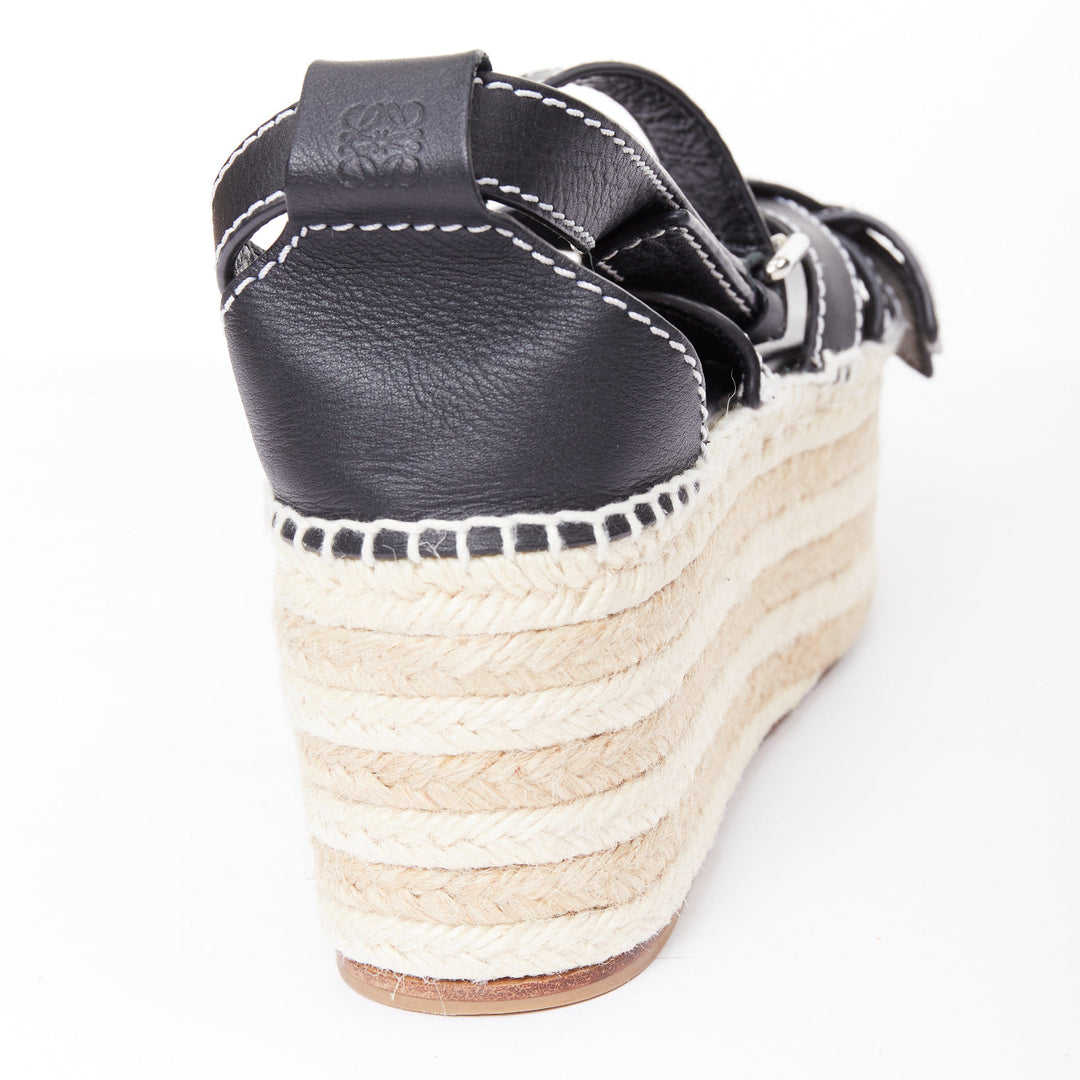 LOEWE Gate black overstitch striped espadrille platform wedge sandal EU40