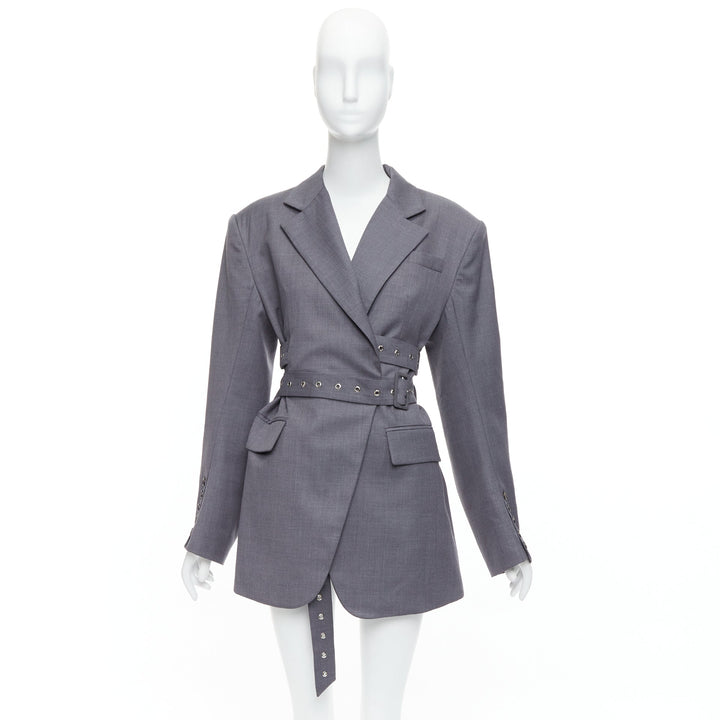 ROHK grey wool blend grommet double belted shoulder pad blazer FR36 S