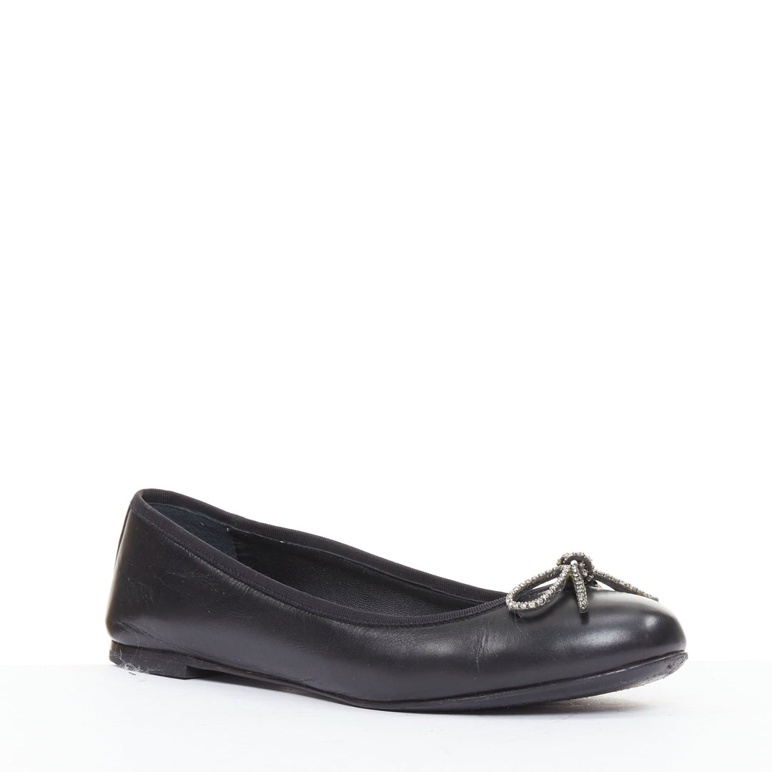 SAINT LAURENT Seta black leather rhinestone crystal bow ballerina flats EU37