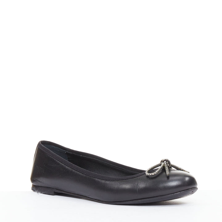 SAINT LAURENT Seta black leather rhinestone crystal bow ballerina flats EU37