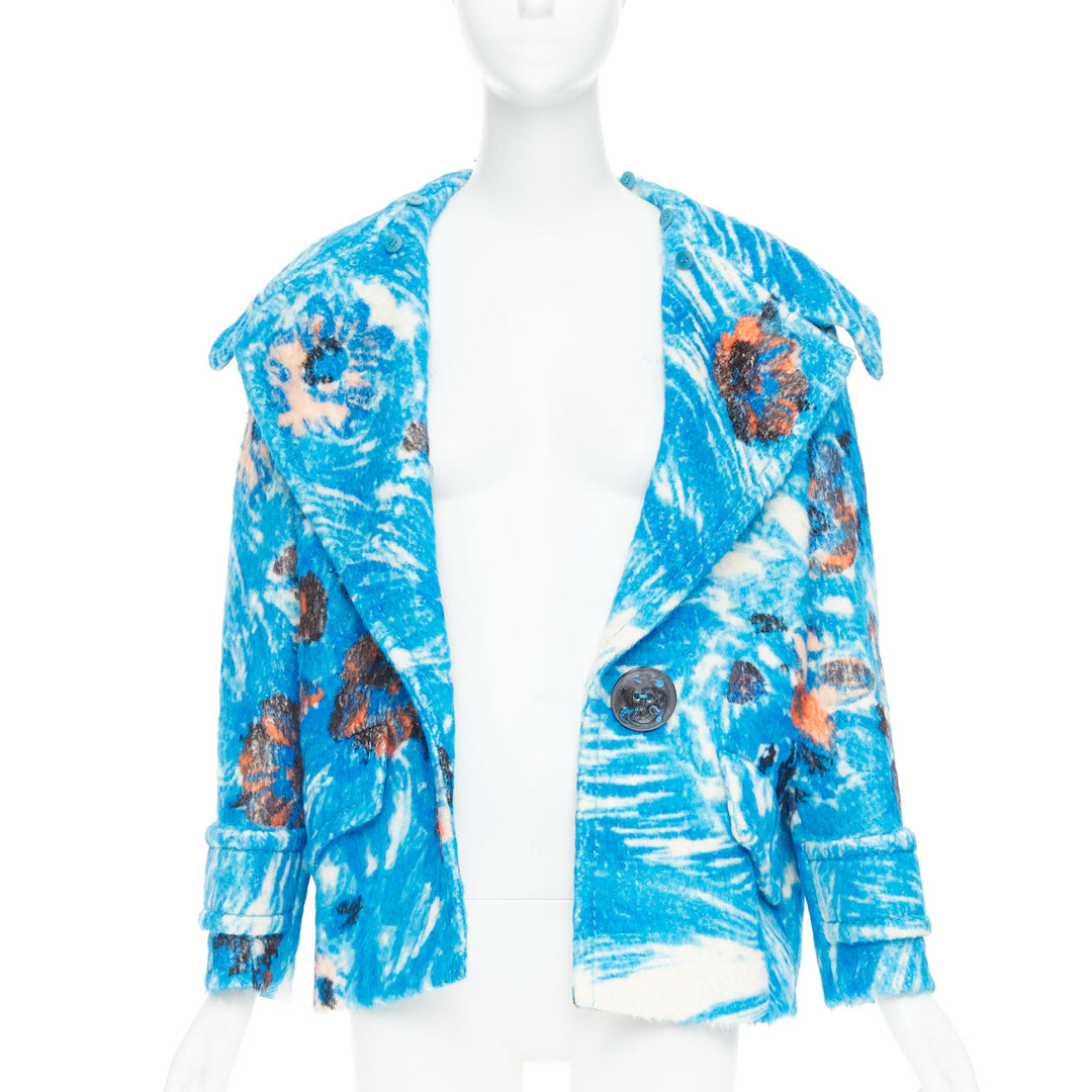 PRADA 2017 Runway blue alpaca wool abstract floral fur collar pea coat IT36 XS