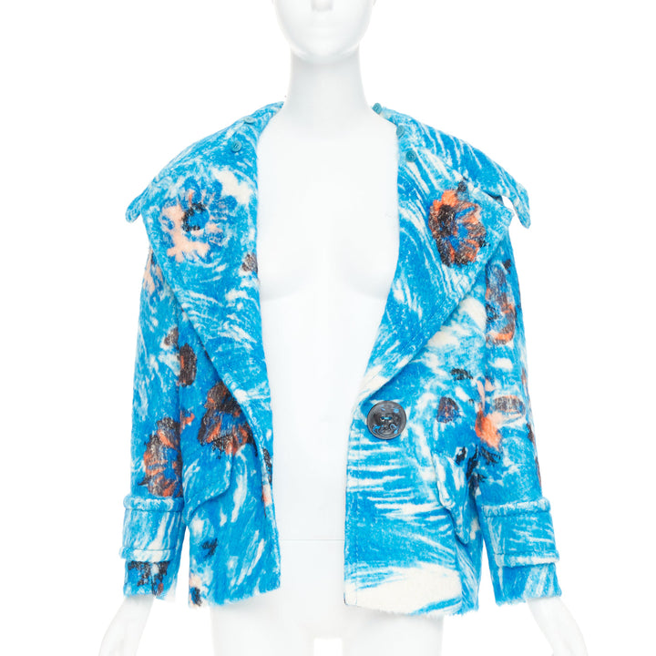 PRADA 2017 Runway blue alpaca wool abstract floral fur collar pea coat IT36 XS