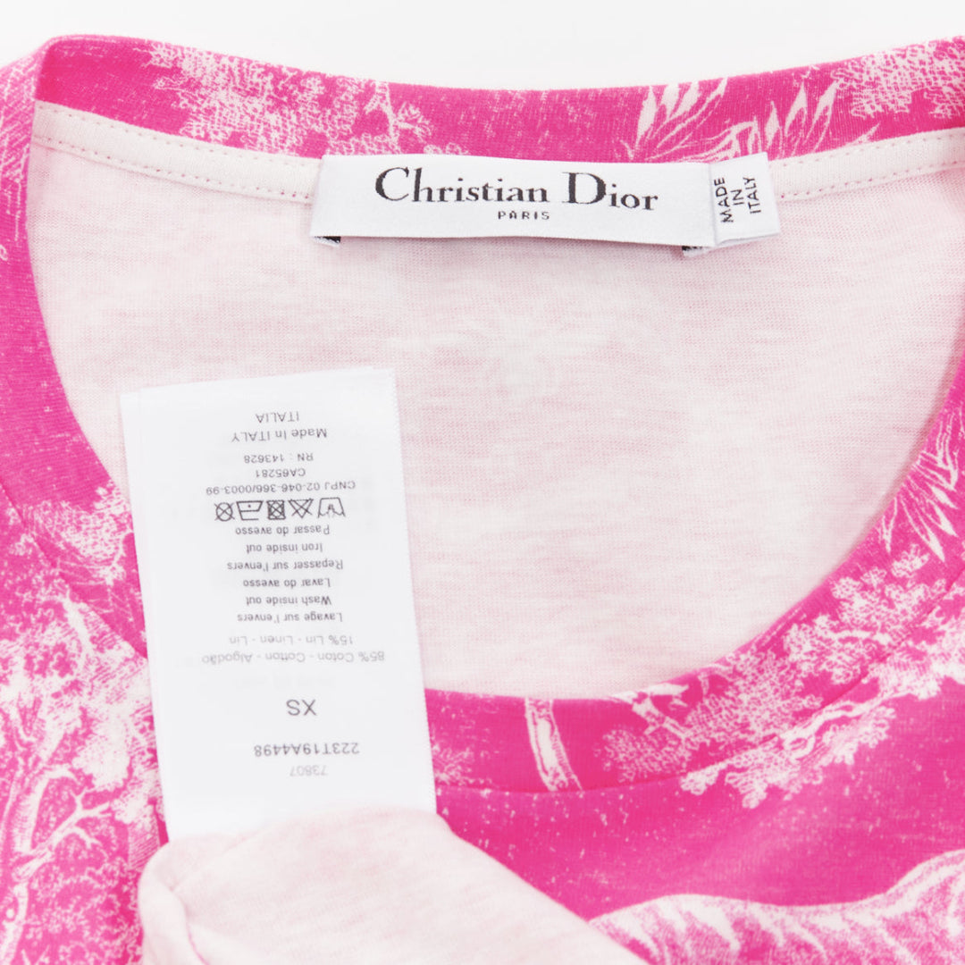 DIOR Toile de Jouy pink tree tiger print cotton linen casual tshirt XS