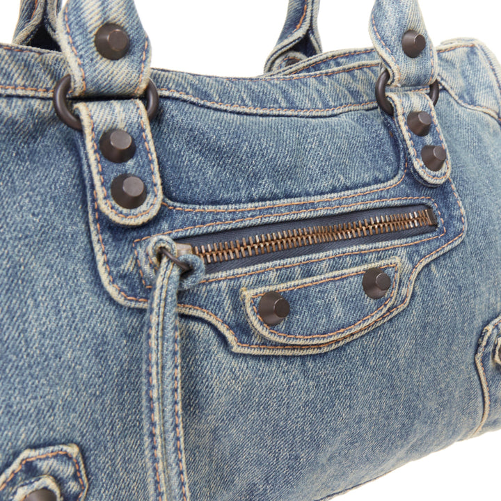 BALENCIAGA Le City Small blue washed denim gunmetal studded top handle bag