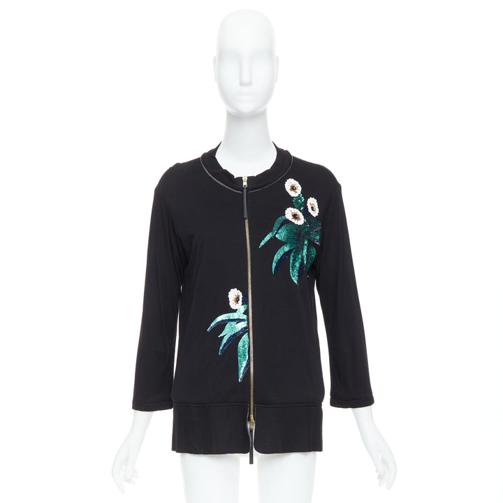 MARNI black white green sequins flower leather zip jersey jacket IT42 M