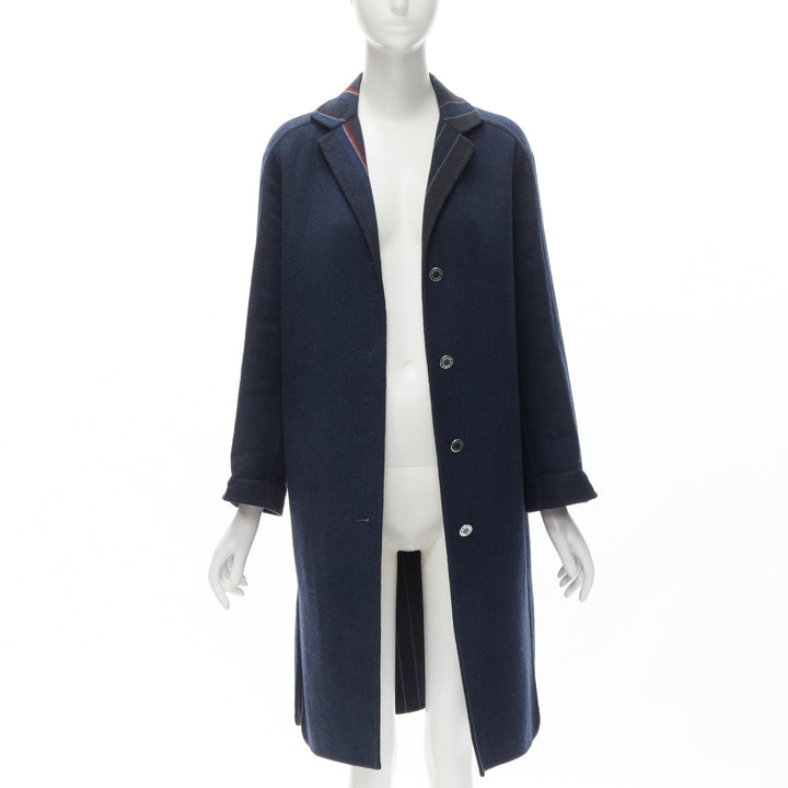 HERMES navy double faced virgin wool cashmere stripe lining maxi coat FR34 XS