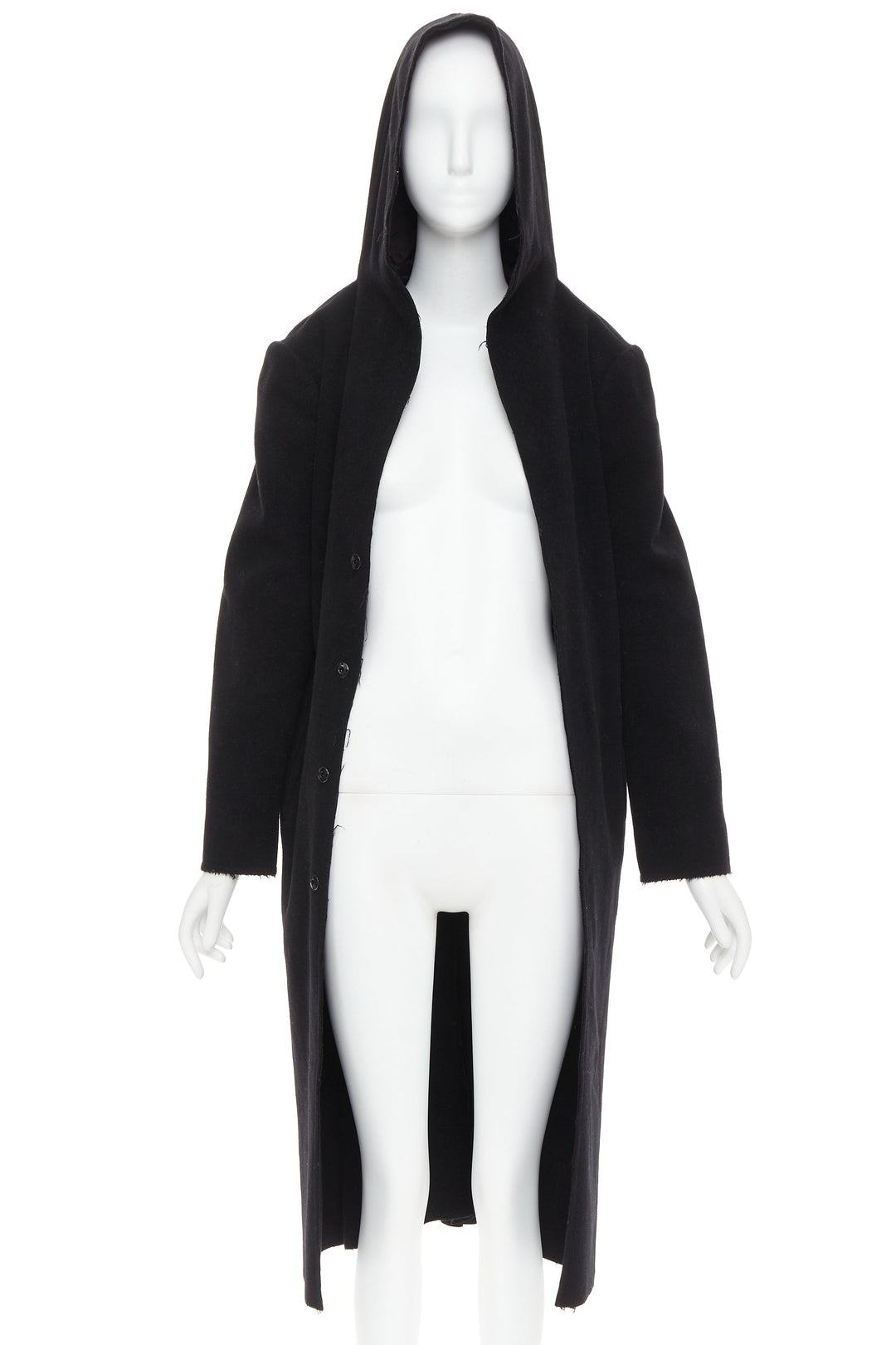 YOHJI YAMAMOTO black wool cotton linen hooded long coat JP1 S