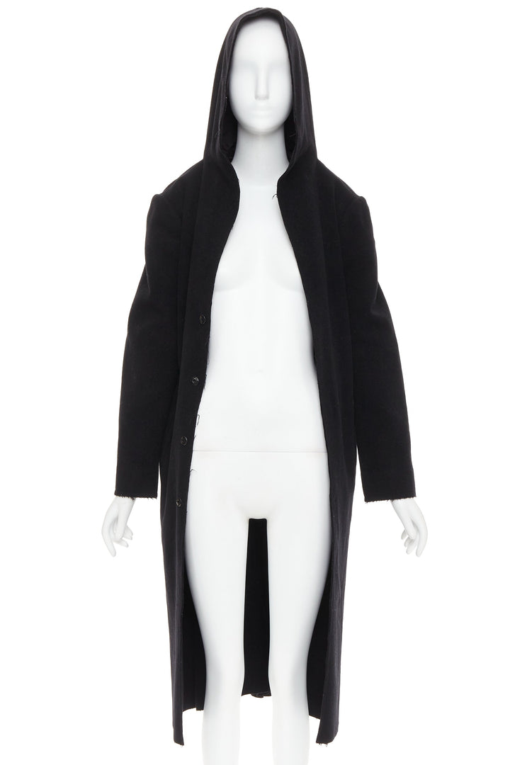 YOHJI YAMAMOTO black wool cotton linen hooded long coat JP1 S