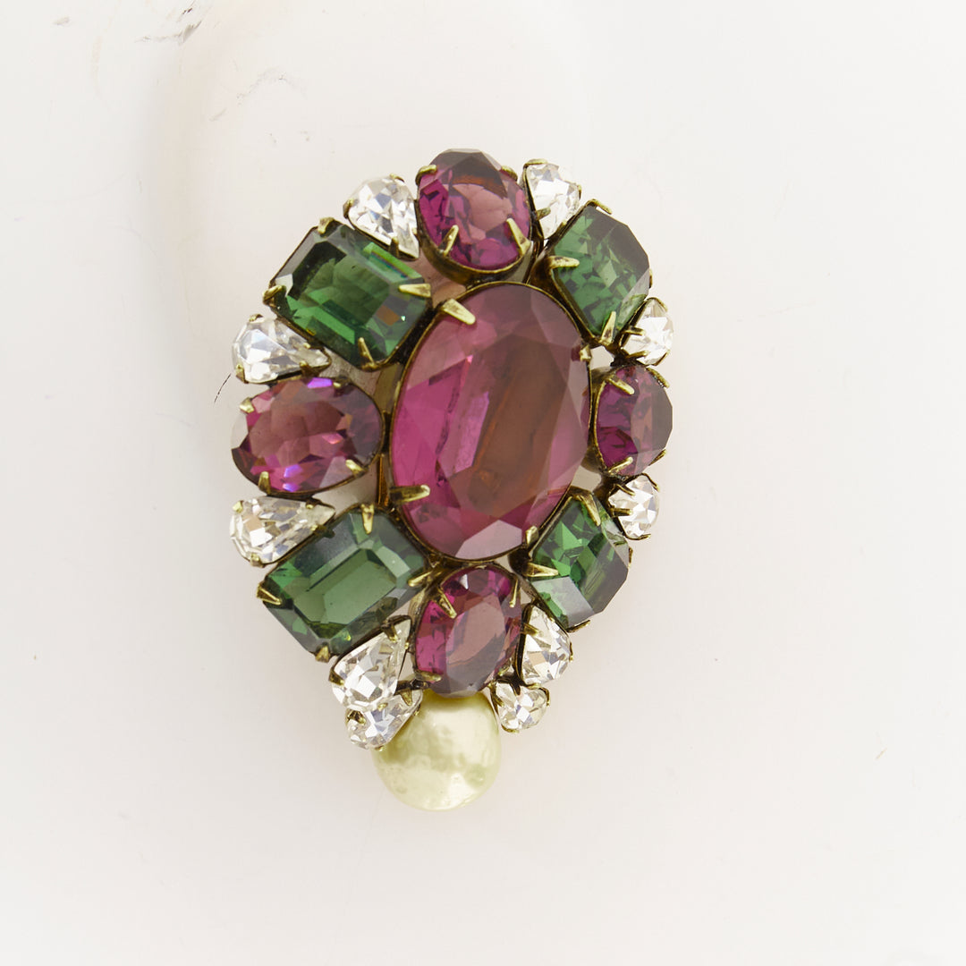 IRAJ MOINI purple green silver giant stones faux pearl clip on earrings Pair