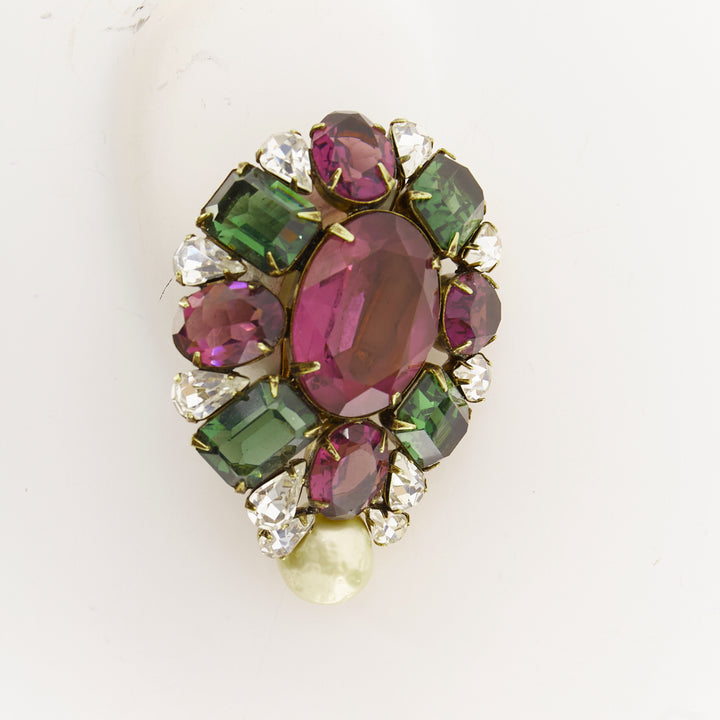 IRAJ MOINI purple green silver giant stones faux pearl clip on earrings Pair