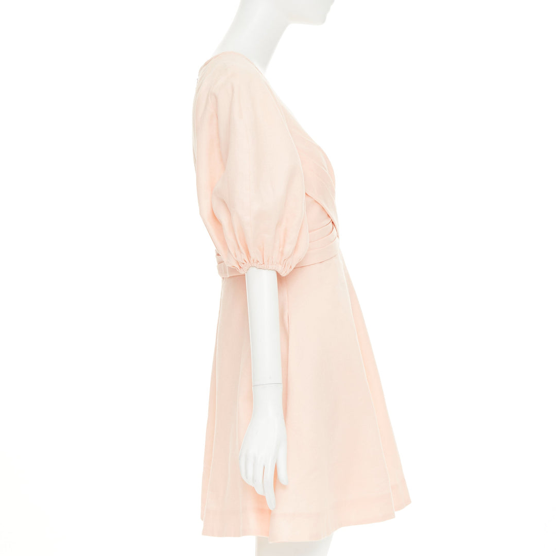 ZIMMERMANN 2022 Wrap Bodice soft blush pink linen puff sleeve dress US1 XS