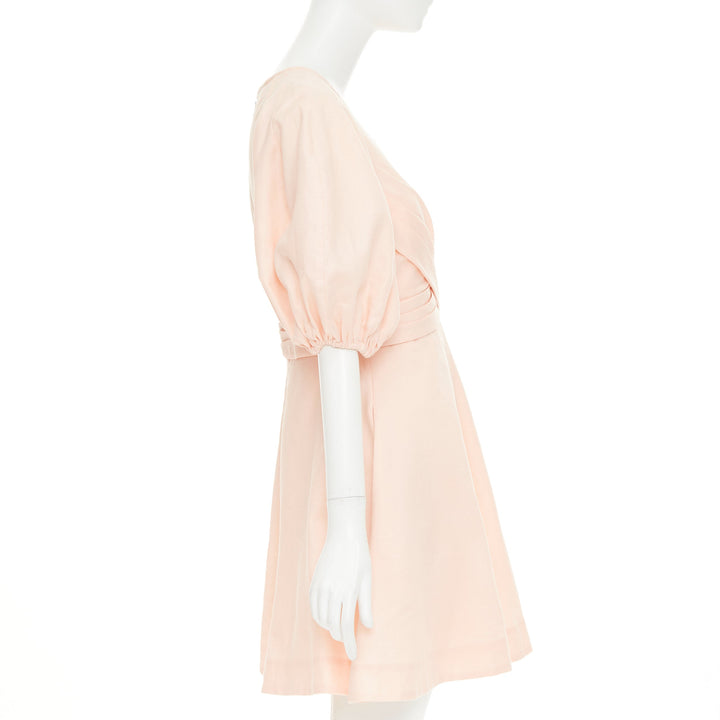 ZIMMERMANN 2022 Wrap Bodice soft blush pink linen puff sleeve dress US1 XS