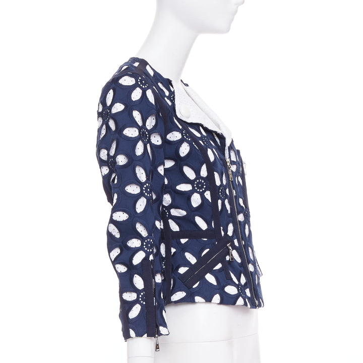 LOUIS VUITTON 2012 Runway navy floral embroidery anglais biker jacket FR38 M