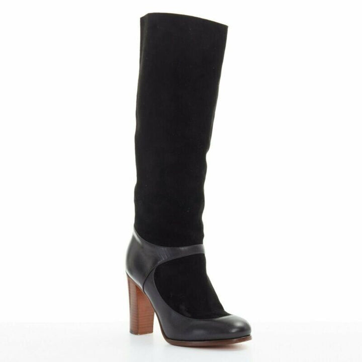 CELINE PHILO black suede sock ankle strap chunky wooden heel tall boot EU35.5