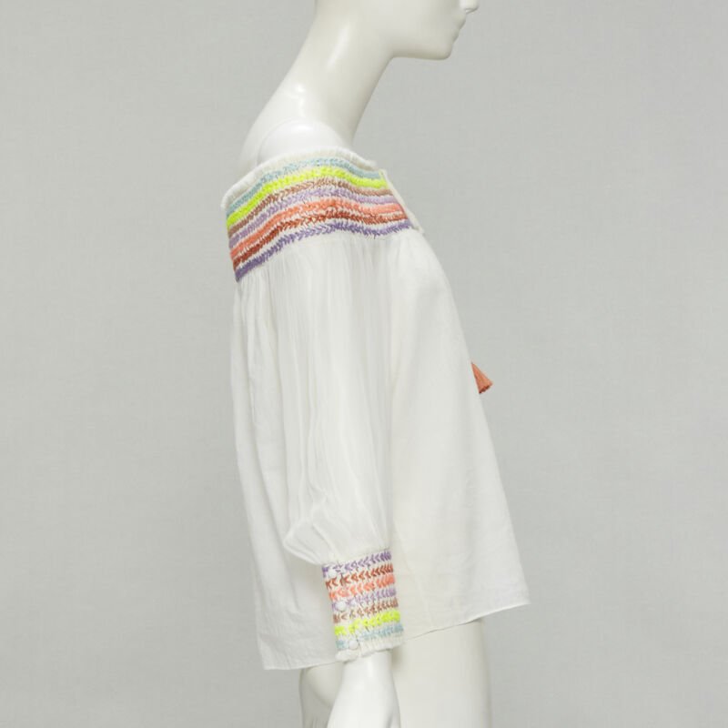 ALICE OLIVIA white cotton neon braid embroidery off shoulder top S