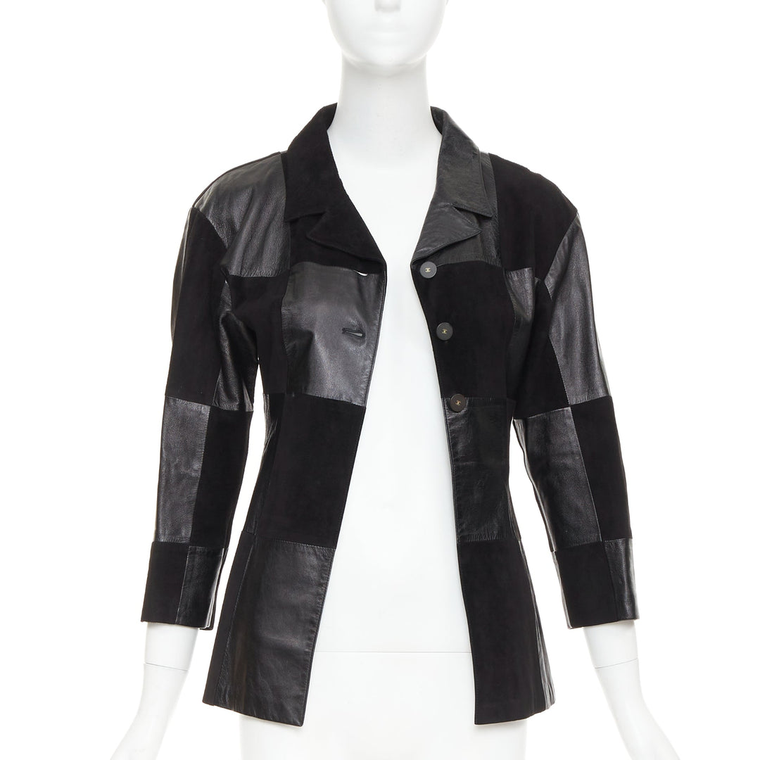 CHANEL Vintage black leather suede checkered patchwork CC blazer jacket