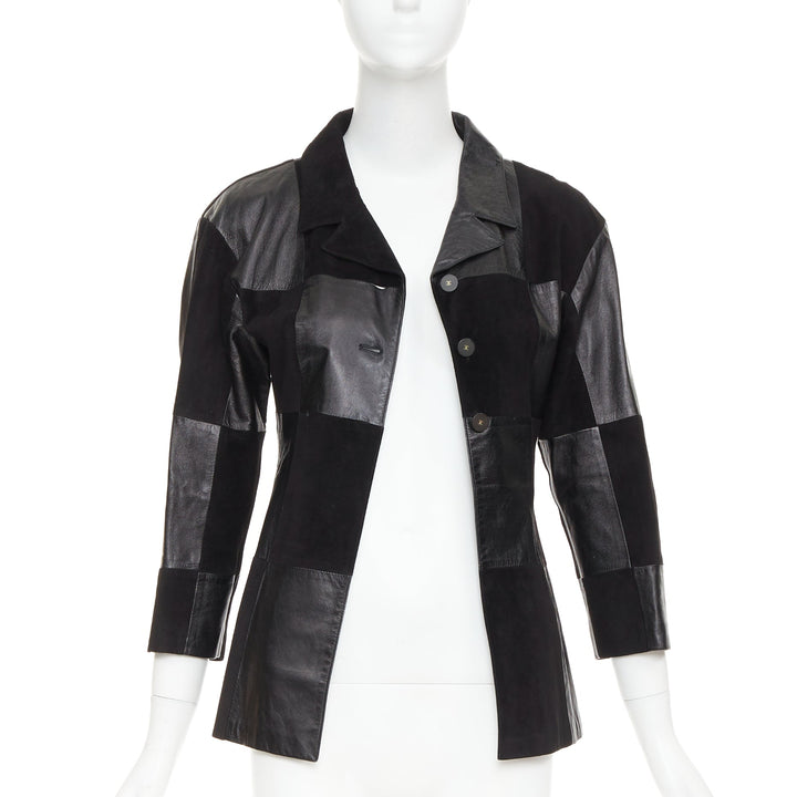 CHANEL Vintage black leather suede checkered patchwork CC blazer jacket
